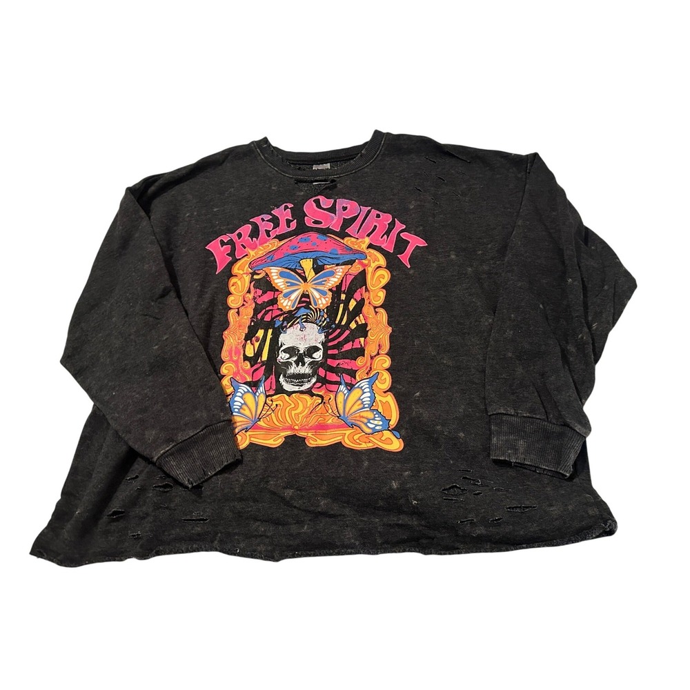 No Boundaries Womens XXXL Free Spirit Skull Mushroom Distressed Sweatshirt Grey